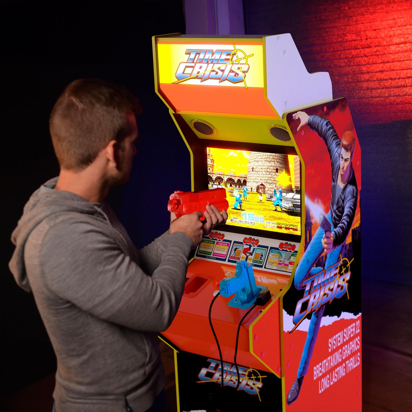 Arcade1Up 17" Time Crisis Arcade Game Machine, LCD Screen Multiplayer w/ Stand Up Cabinet - High Resolution Light Gun Video Gaming Machine